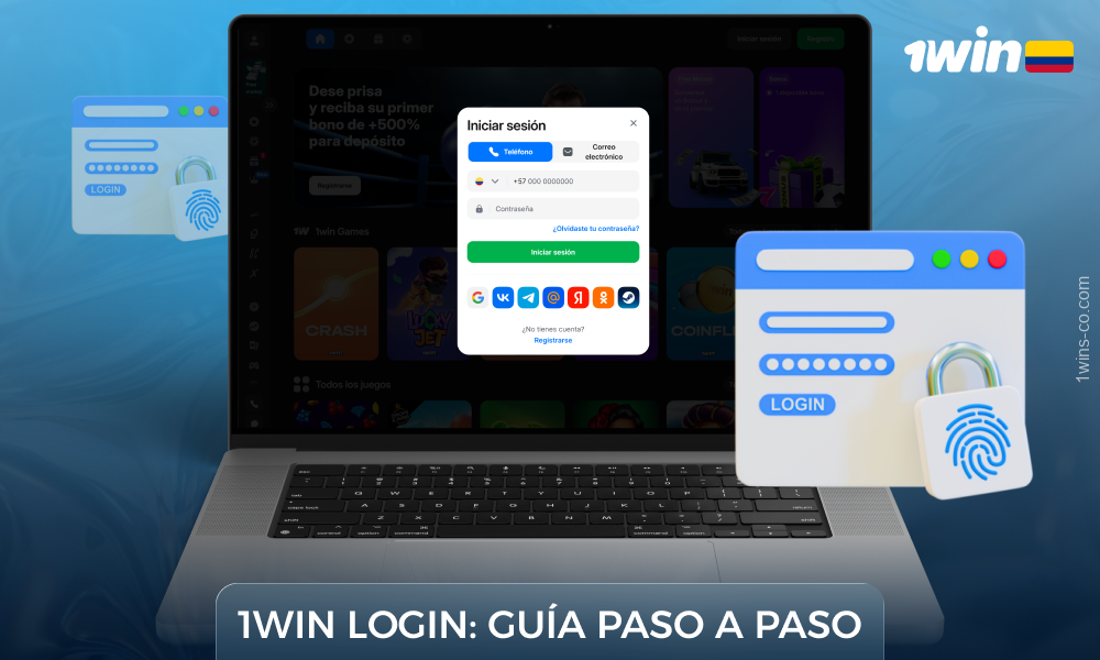 Para iniciar sesión en 1Win Colombia, abra el formulario de inicio de sesión, introduzca sus datos o utilice una red social para iniciar sesión