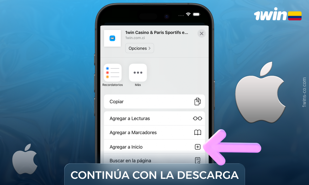Seleccione Añadir a la pantalla de inicio para descargar la aplicación 1win para iOS